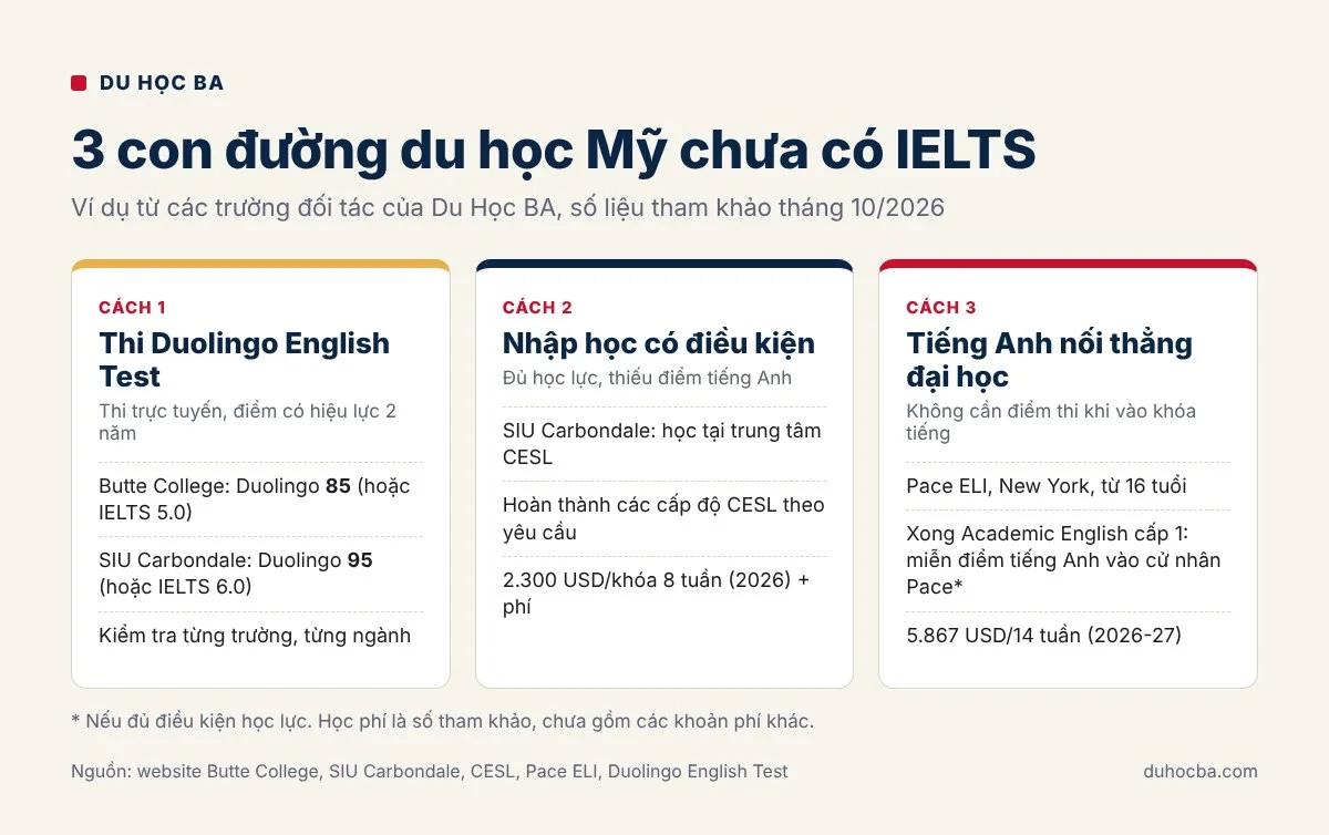 3 con đường du học Mỹ chưa có IELTS: Duolingo English Test, nhập học có điều kiện, khóa tiếng Anh nối thẳng đại học
