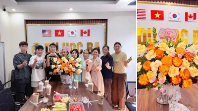 Ngày 20/10, các bạn nam du học sinh Du Học BA tặng hoa chúc mừng các cô và các bạn nữ